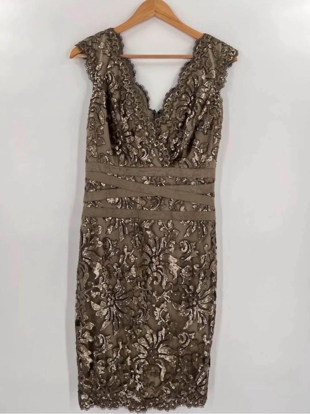 Elegant Olive-Beige Sequin Lace V-Neck Sheath Dress